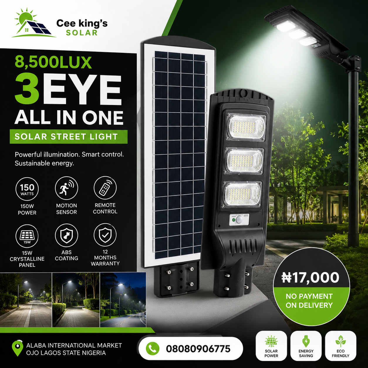 150watts 3eye all in one solar street light is available at Efritin